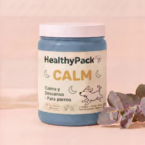 Tarro dusty blue de HealthyPack Calm, suplemento natural en polvo para ansiedad y descanso canino, 270g, sabor pollo