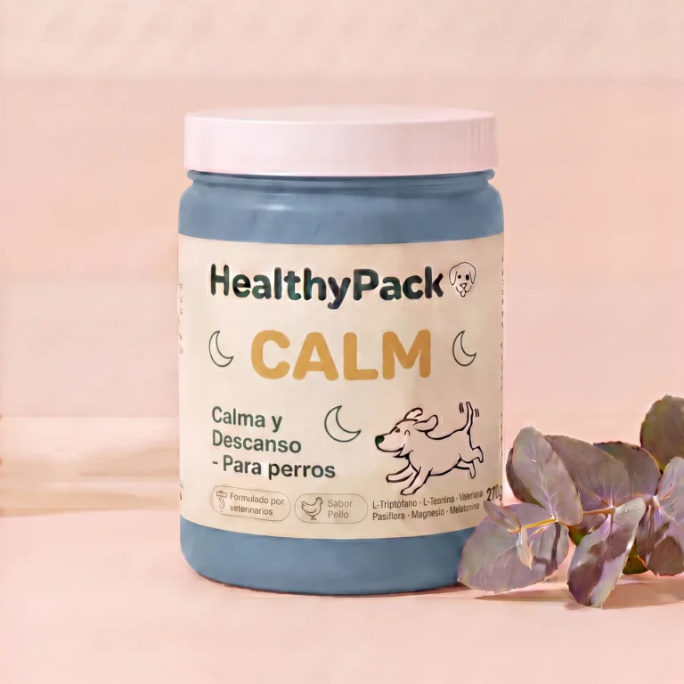 Tarro dusty blue de HealthyPack Calm, suplemento natural en polvo para ansiedad y descanso canino, 270g, sabor pollo