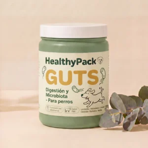 Tarro sage green de HealthyPack Guts, suplemento probiotico en polvo para digestion canina, 270g, sabor res