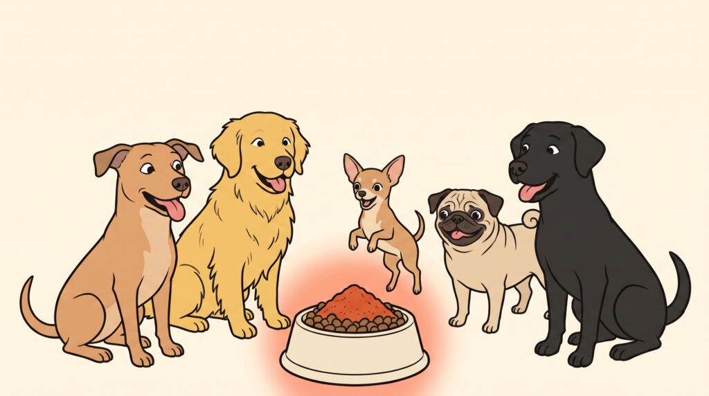 Cinco perros de razas distintas (mestizo, golden retriever, chihuahua, pug, labrador) reunidos alrededor de un bowl con topping terracotta de Boost — La manada de HealthyPack