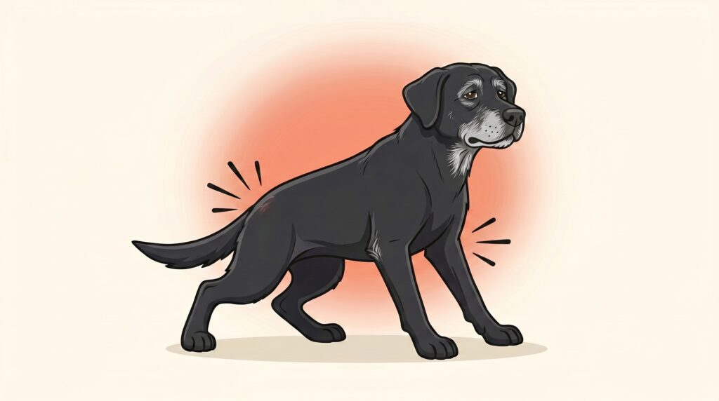 Cuervo, labrador negro senior con muestra de dolor en cadera y codo