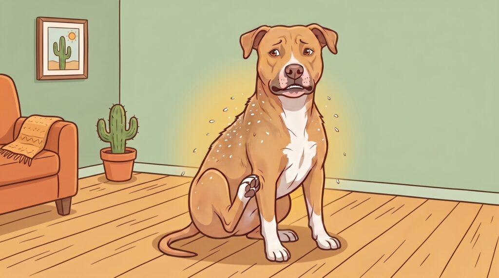 Cerbero (pitbull canela del pack HealthyPack) rascándose con caspa visible en una sala de casa mexicana con sillón terracotta, cuadro de cactus y piso de madera