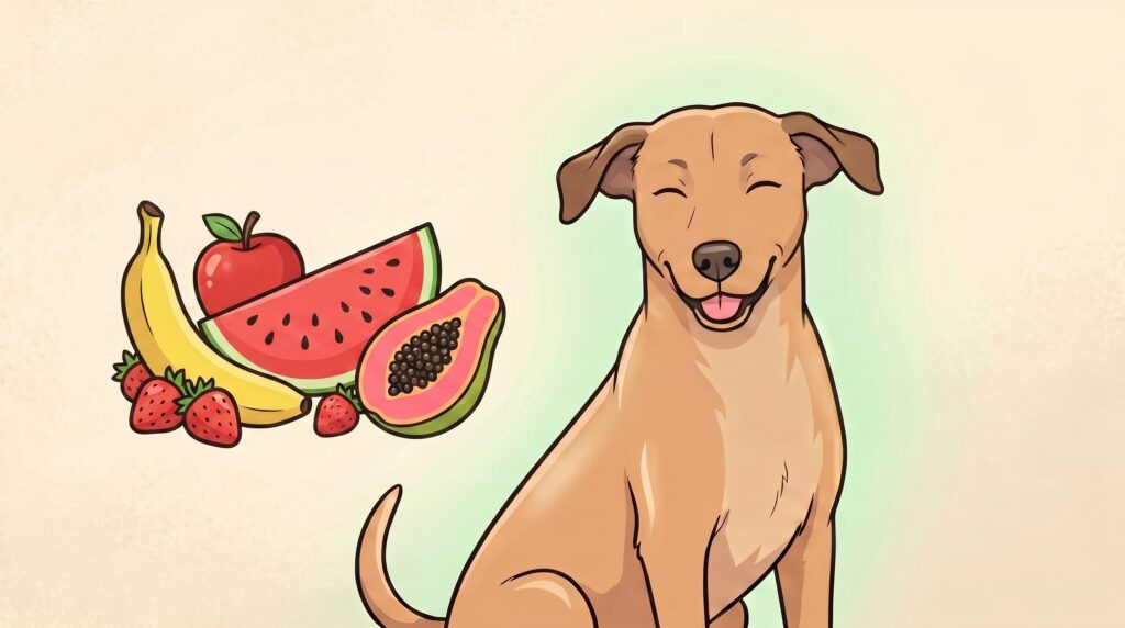 Canelo, mestizo canela del pack HealthyPack, feliz junto a frutas seguras (plátano, manzana, sandía, fresas, papaya)