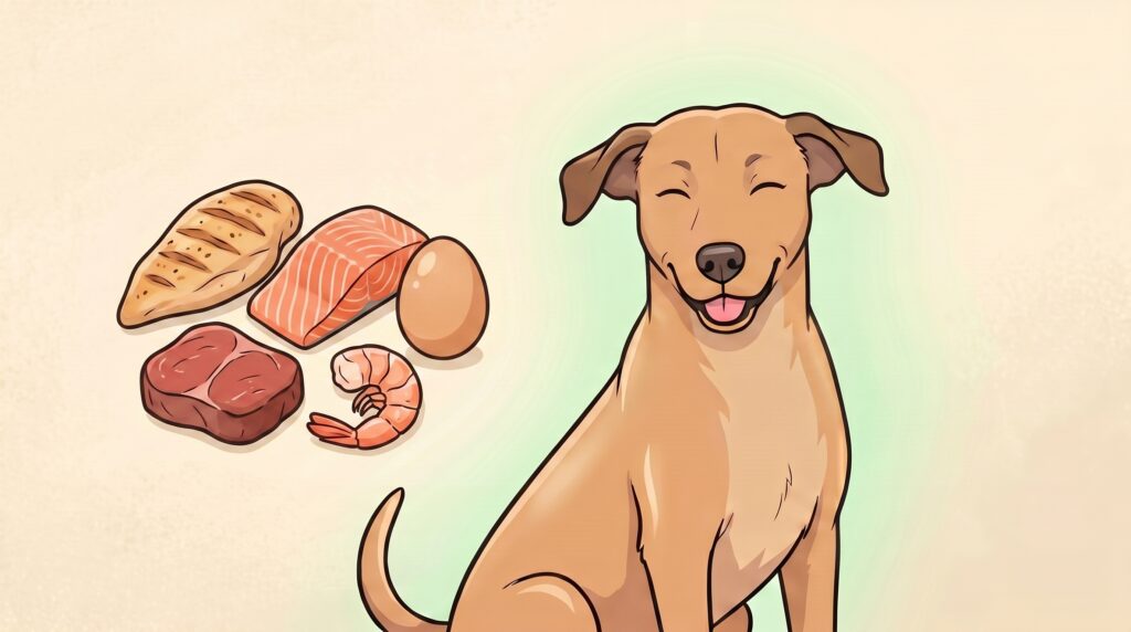 Canelo, mestizo canela del pack HealthyPack, feliz junto a proteínas seguras (pollo, salmón, huevo, res, camarón)