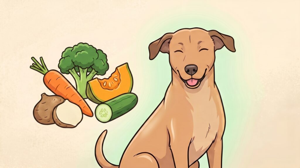 Canelo, mestizo canela del pack HealthyPack, feliz junto a verduras seguras (zanahoria, brócoli, calabaza, pepino, jícama)