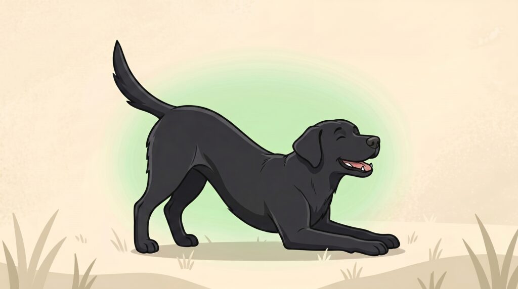 Cuervo, labrador negro estirándose en pose downward dog, articulaciones flexibles