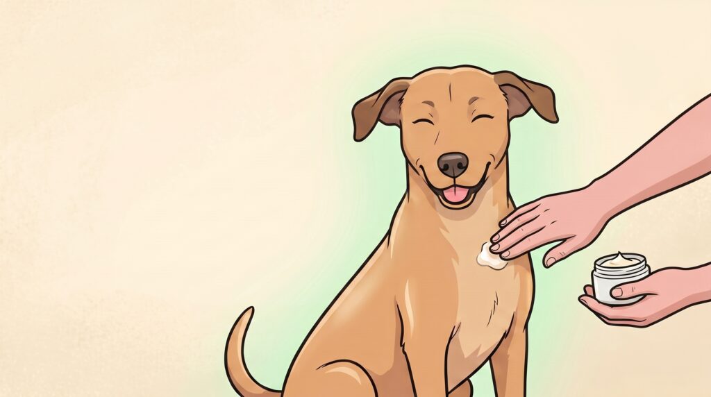 Perro mestizo canela feliz recibiendo crema cicatrizante en el hombro, pelaje saludable después de tratamiento de dermatitis