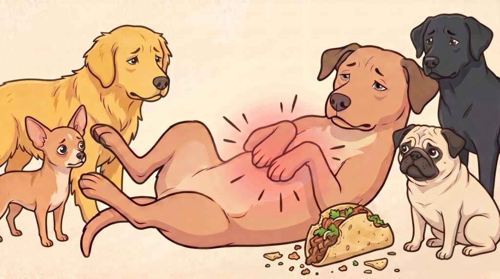 Perro mestizo canela acostado con dolor de estómago tras comer un taco, rodeado de su pack de amigos preocupados (golden retriever, chihuahua, pug, labrador negro)