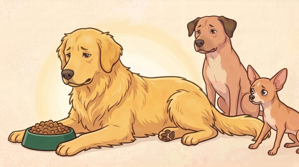 Güero el golden retriever acostado en pose sphinx al lado de su tazón lleno sin tocar, con expresión de desinterés, Pulga y Canelo acompañándolo