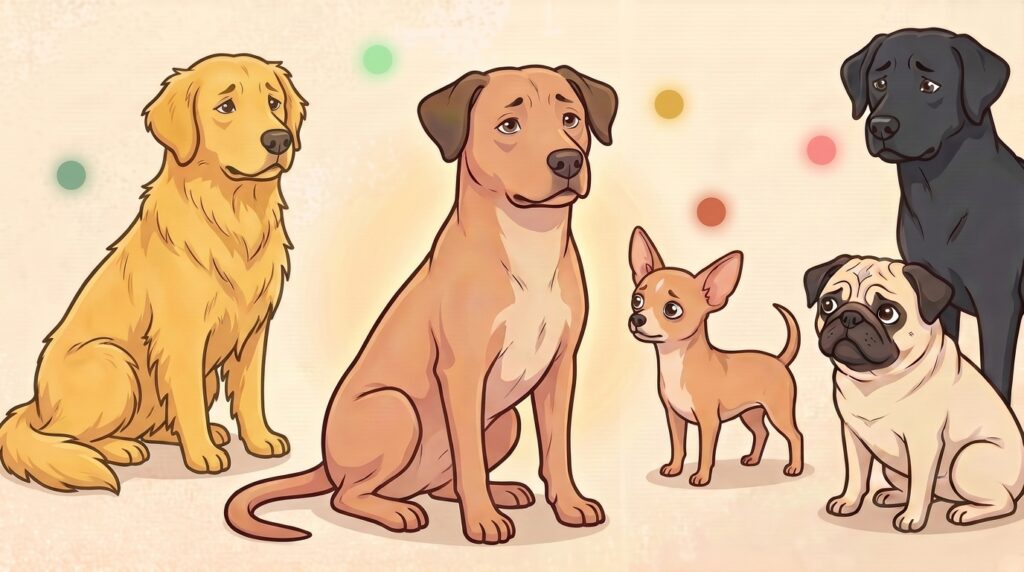 El pack de HealthyPack — Canelo, Güero, Pulga, Pugberto y Cuervo — reunidos como equipo de wellness alrededor de un semáforo de urgencia veterinaria