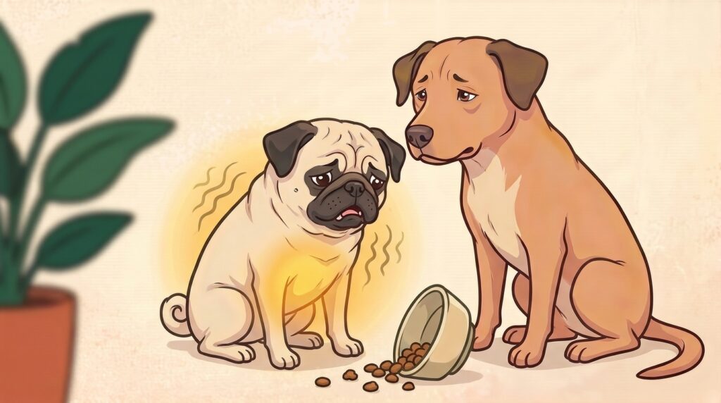 Pugberto el pug con expresión nauseada y aura ámbar frente a un tazón volcado, mientras Canelo lo acompaña con cariño